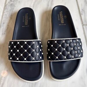 Valentino Garavani Blue Leather Slides with White Mini Rockstuds